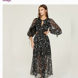 Maje Sheer Black (cut out )Dress with Blue Floral Pattern